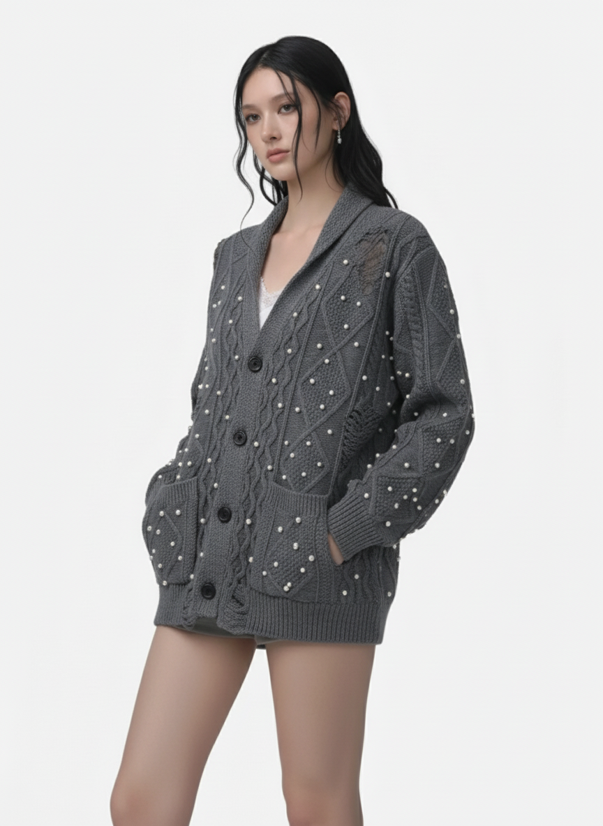 Retro Beaded Crochet Distressed Knit Cardigan