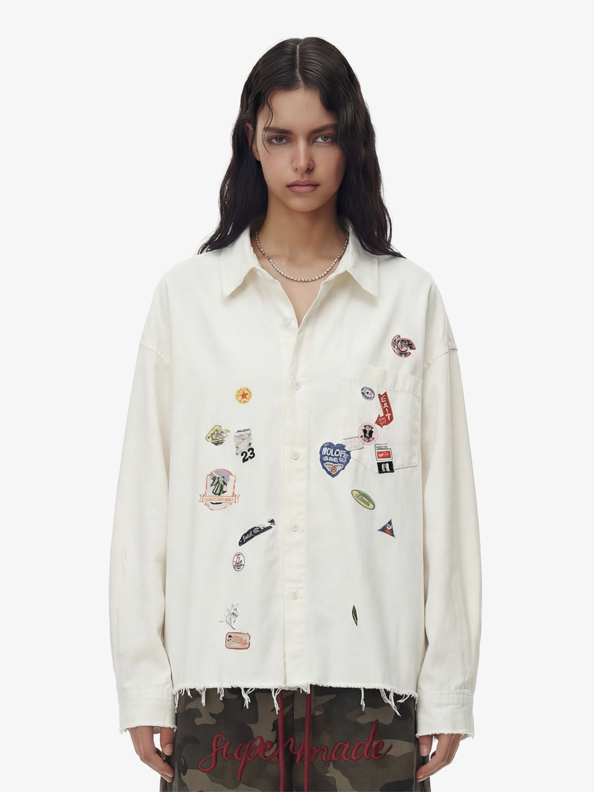 Fun Distressed Raw-Edge Printed Long-Sleeved Shirt