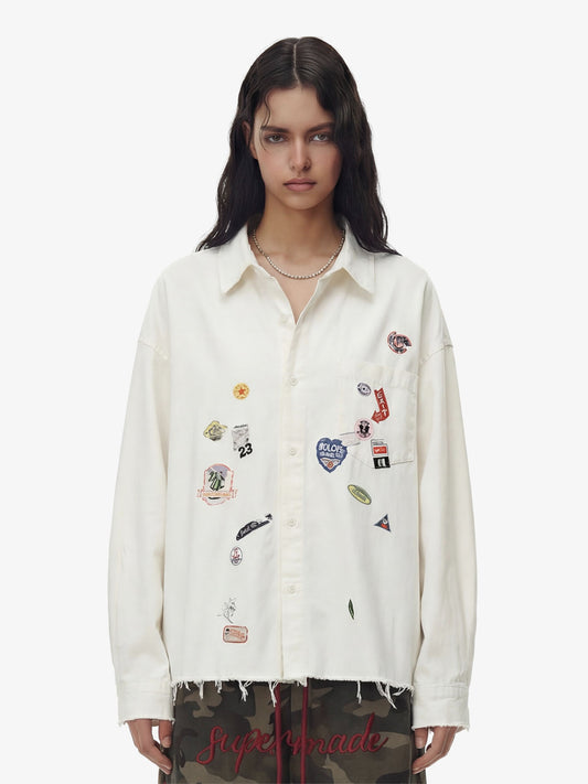 Fun Distressed Raw-Edge Printed Long-Sleeved Shirt