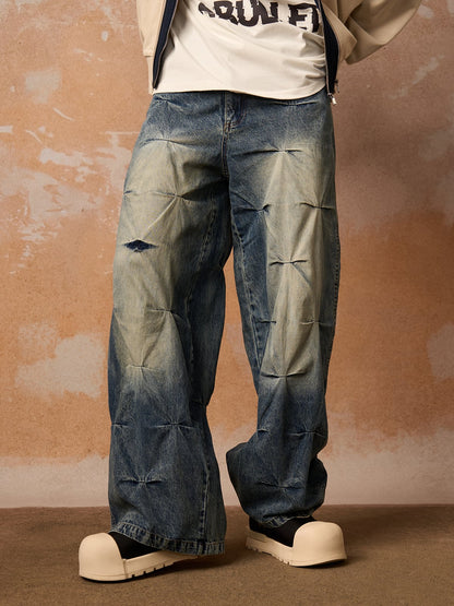 Distressed Washed Pleated Jeans 
