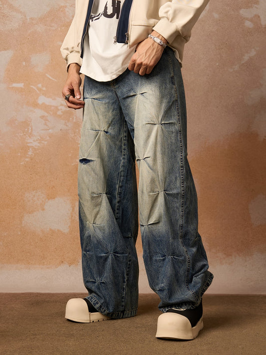 Distressed Washed Pleated Jeans 