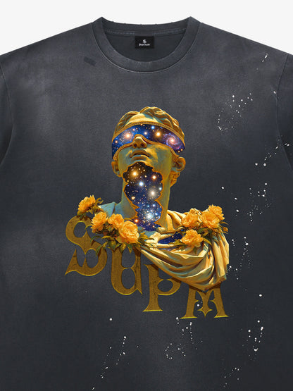 THE SUPERMADE-Wash and splash ink Galaxy Art Print T-Shirt with Cosmic Statue Design for Men and Women?