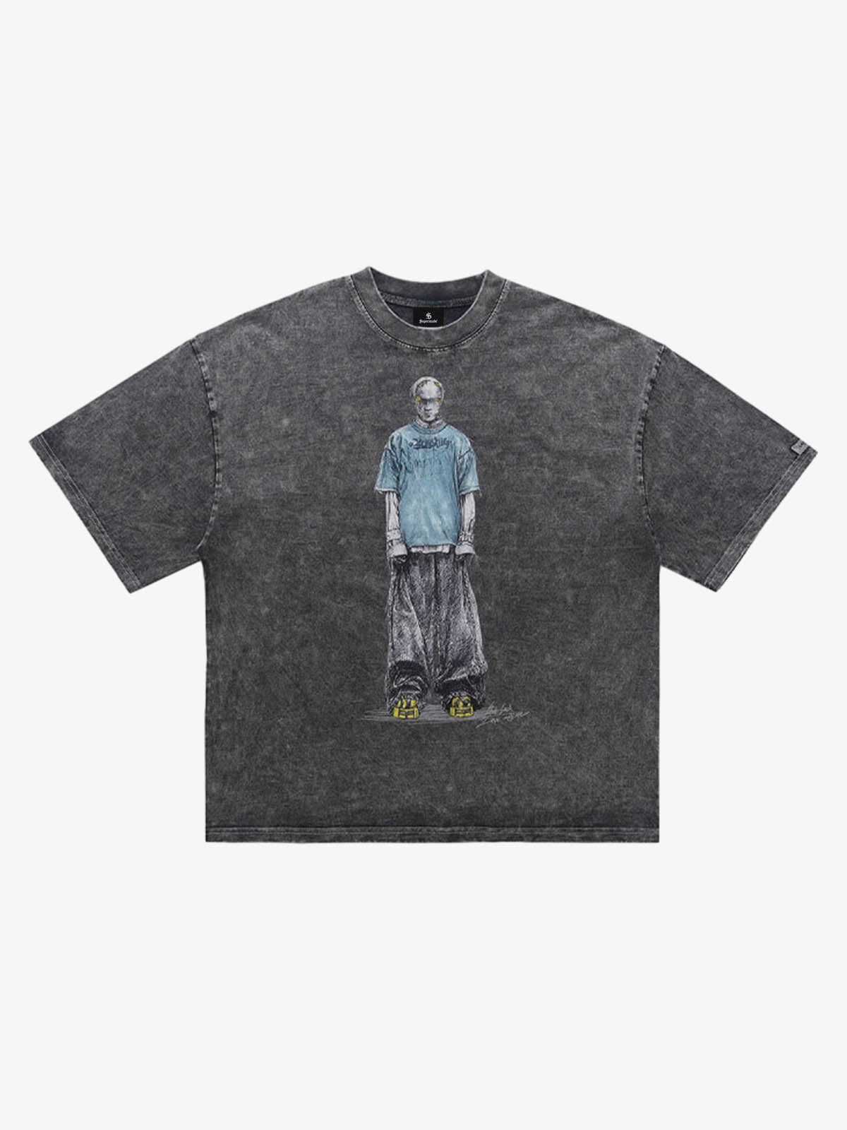 300G Jade Pattern Dyed Cotton Oversized T-Shirt with Skeleton Graphic Print Streetwear?