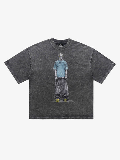 300G Jade Pattern Dyed Cotton Oversized T-Shirt with Skeleton Graphic Print Streetwear?