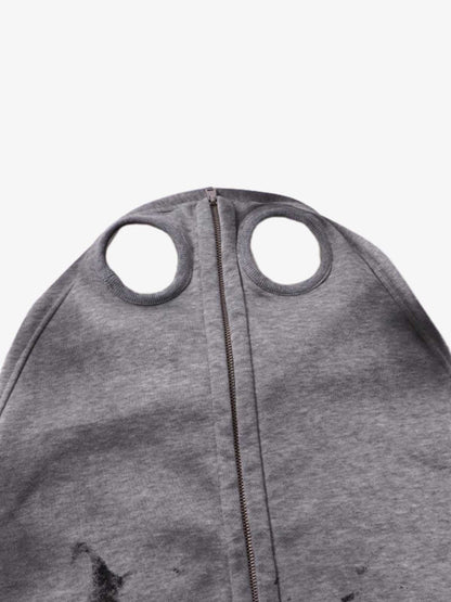 Cotton Blend Hooded Zip-Up Costume Jacket with Eye Holes and Gloves, Gothic Horror Style Full Coverage Hoodie for Cosplay and Halloween 