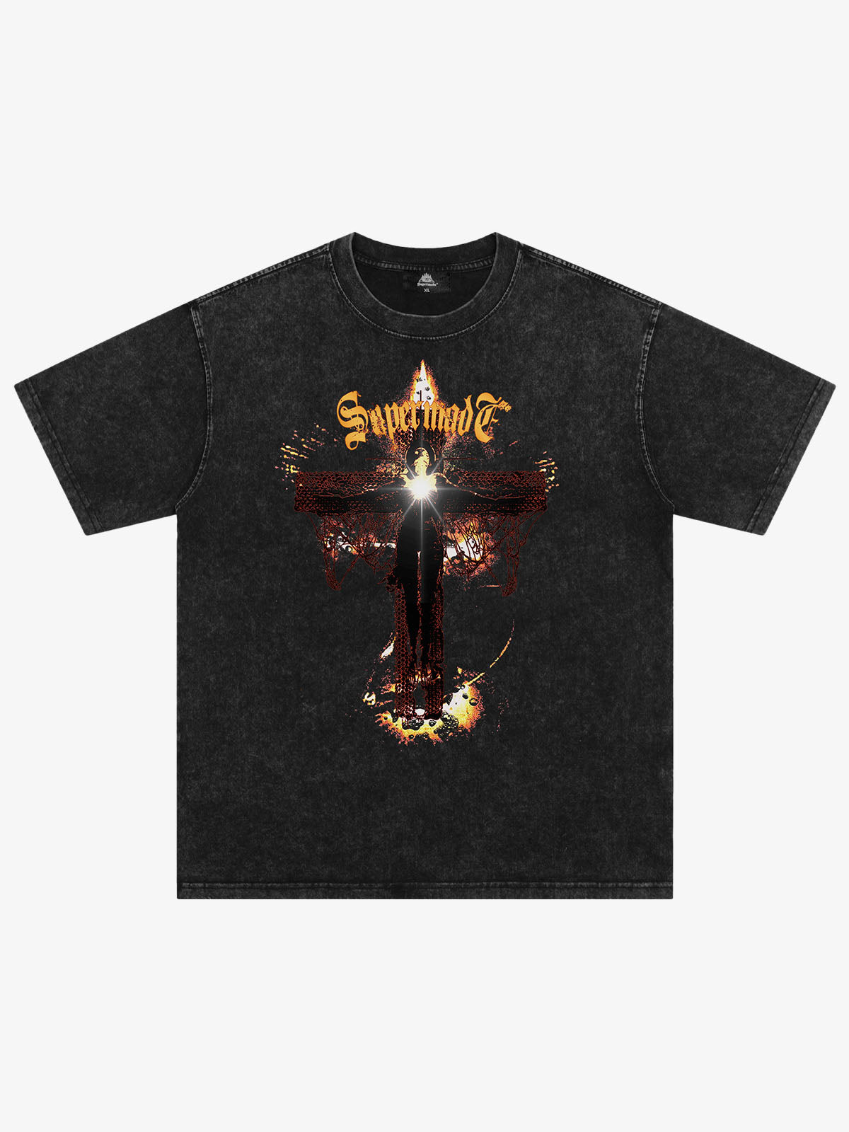 THE SUPERMADE Gothic Flame Cross Graphic T-Shirt for Bold Statement Wear 