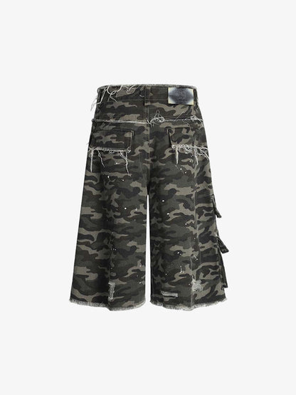 Denim Camouflage Cargo Shorts with Ripped Details and Patch Pockets?