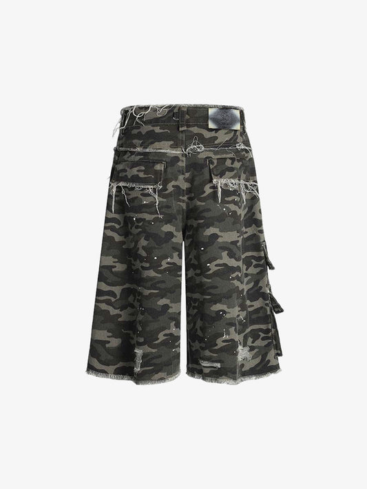 Denim Camouflage Cargo Shorts with Ripped Details and Patch Pockets?