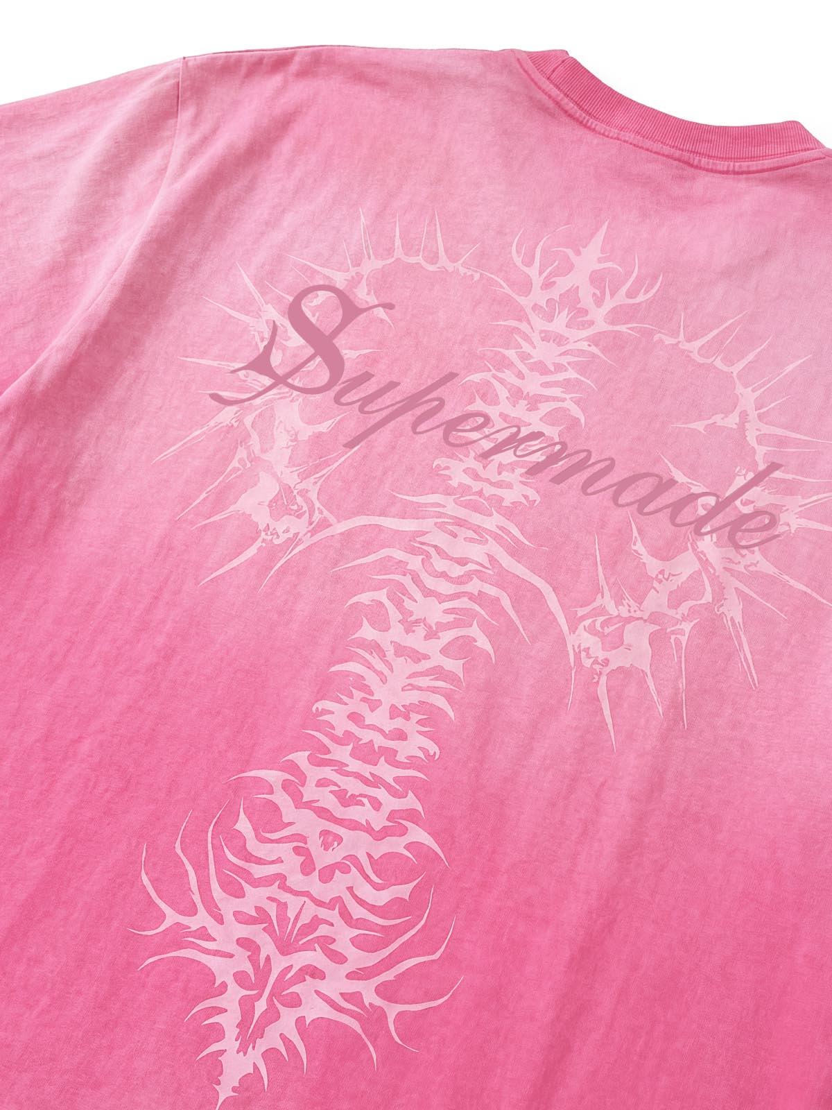 Thesupermade-Unisex Loose-fit Gradient Pink And Black Street Punk T-shirt With Gothic Pattern Print, Suitable For Street?