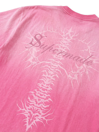 Thesupermade-Unisex Loose-fit Gradient Pink And Black Street Punk T-shirt With Gothic Pattern Print, Suitable For Street?