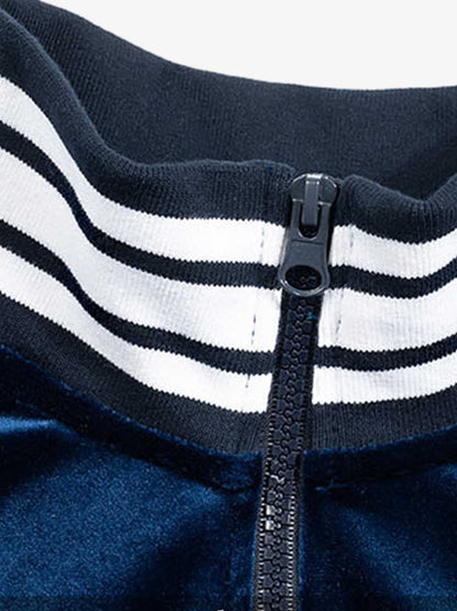 250G Velvet Track Jacket with White Stripe Trim - Unisex Sporty Bomber Coat for Casual Wear 