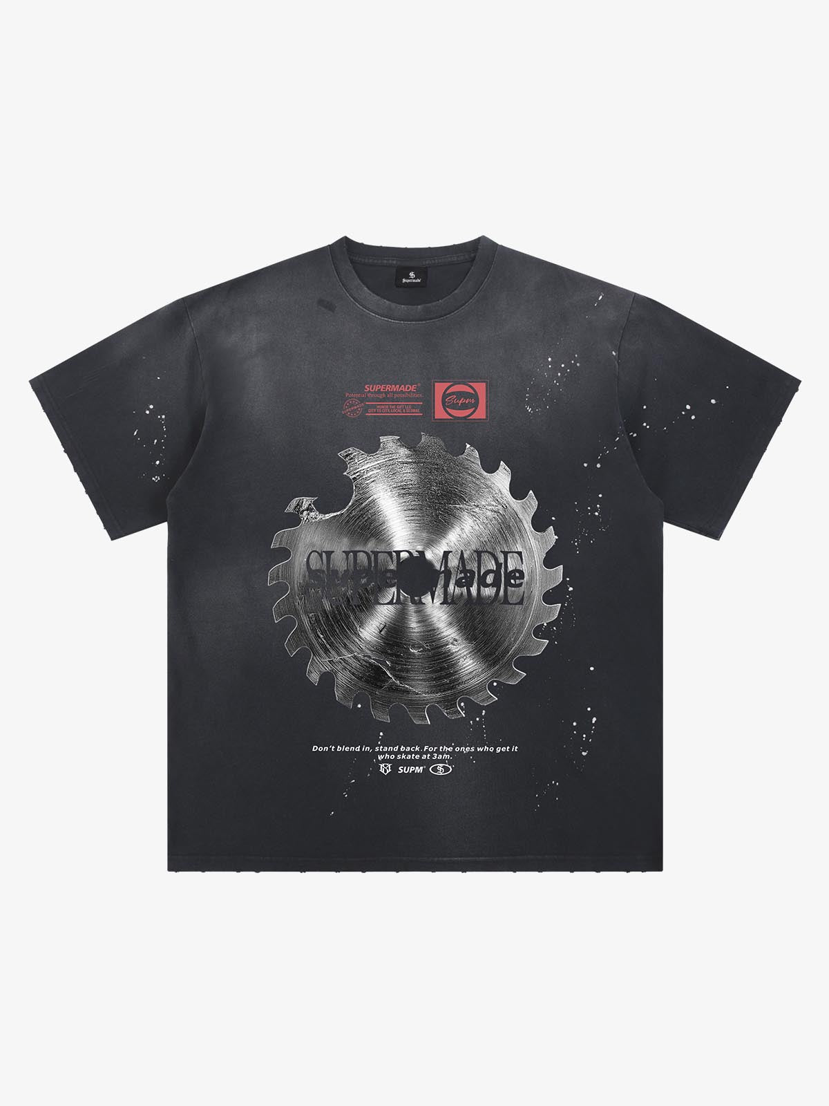Thesupermade High-street Ink-splatter Wash Distressed Dark Damaged Gear Print T-shirt 
