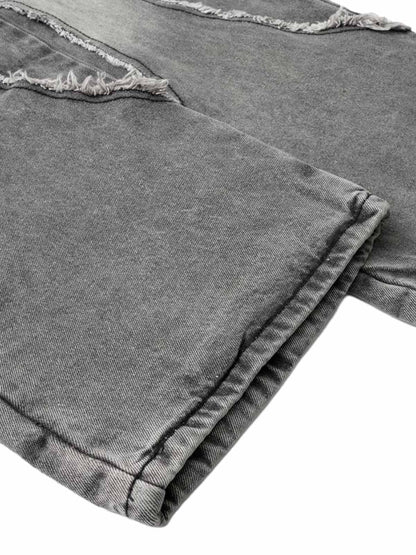 Washed Distressed Raw Edge Drawstring Jeans 