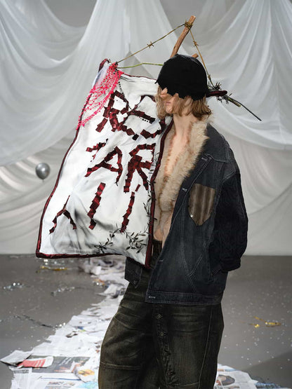 Stylish Denim Jacket with Cable Knit Sleeves and Leather Patches for Men 