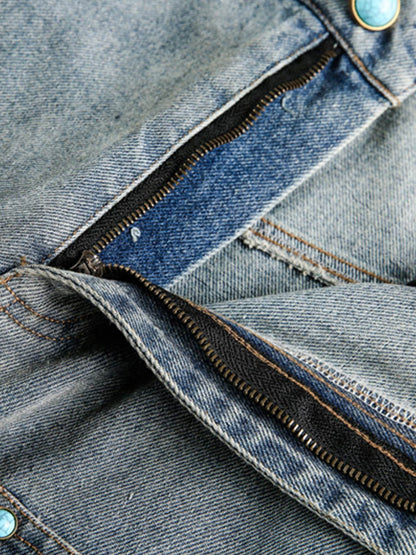 Distressed Rivet-washed Ripped Barrel Jeans 