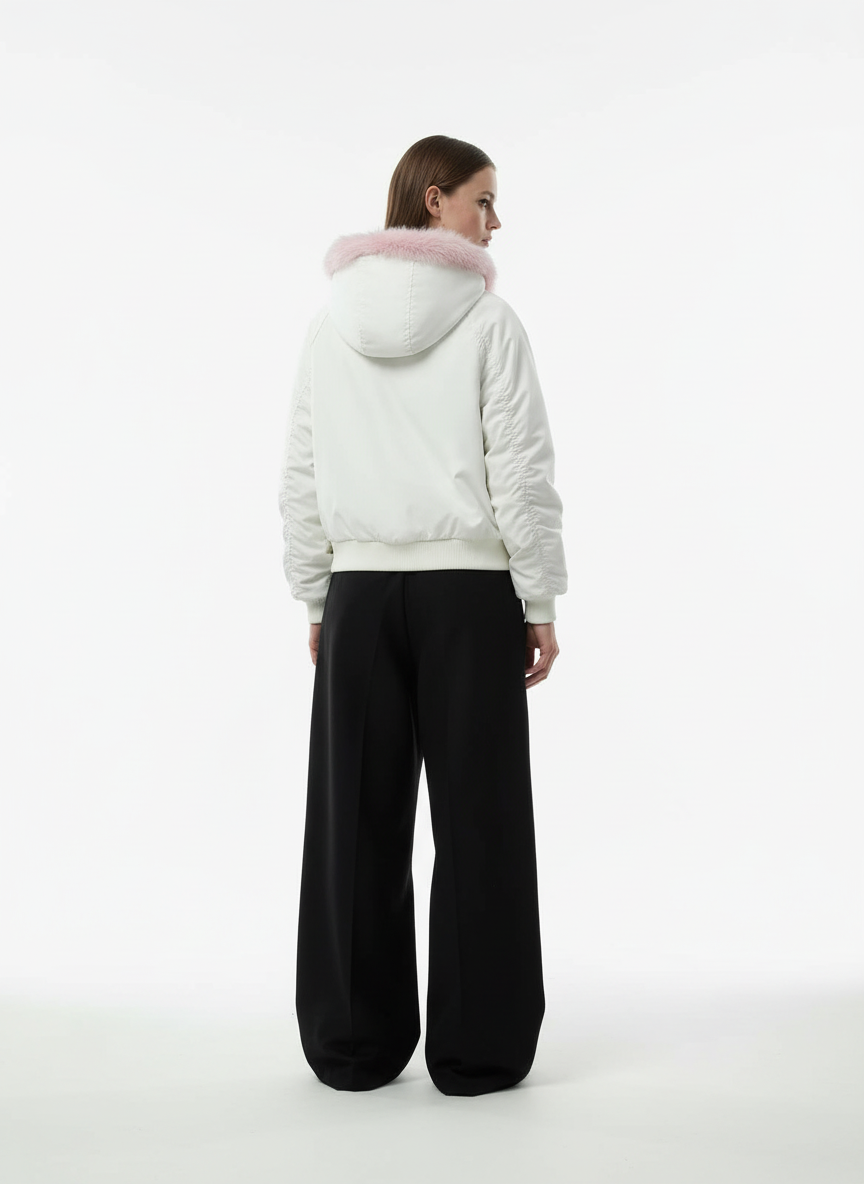 Retro Contrast Fur Collar Quilted Cotton Bomber Jacket