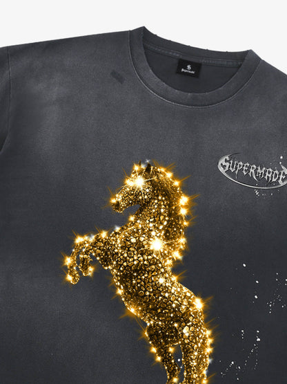 Unisex Washed Ink Blending Dual Color Cotton Horse Year Embroidered Diamond Horse Element Pattern Short-Sleeve T-Shirt?