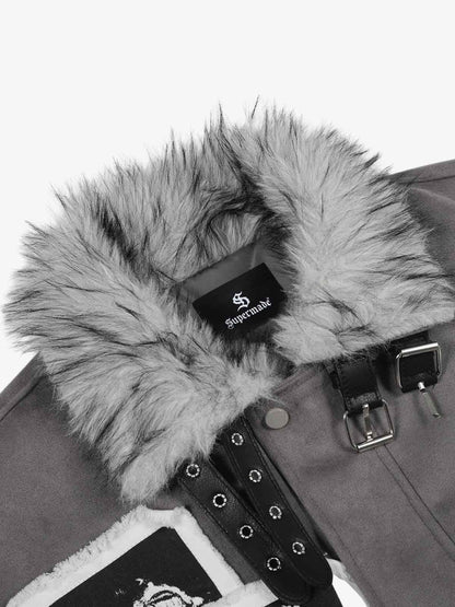 Faux Fur Collar Patchwork Embroidered Quilted Jacket