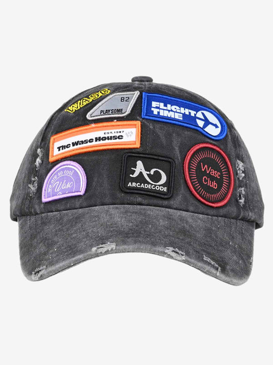 Cotton Patchwork Baseball Cap with Vintage Washed Denim Look and Multiple Embroidered Patches for Streetwear Fashion?