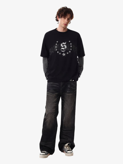 Cotton Blend Layered Sleeve Graphic T-Shirt with Star Print Design?