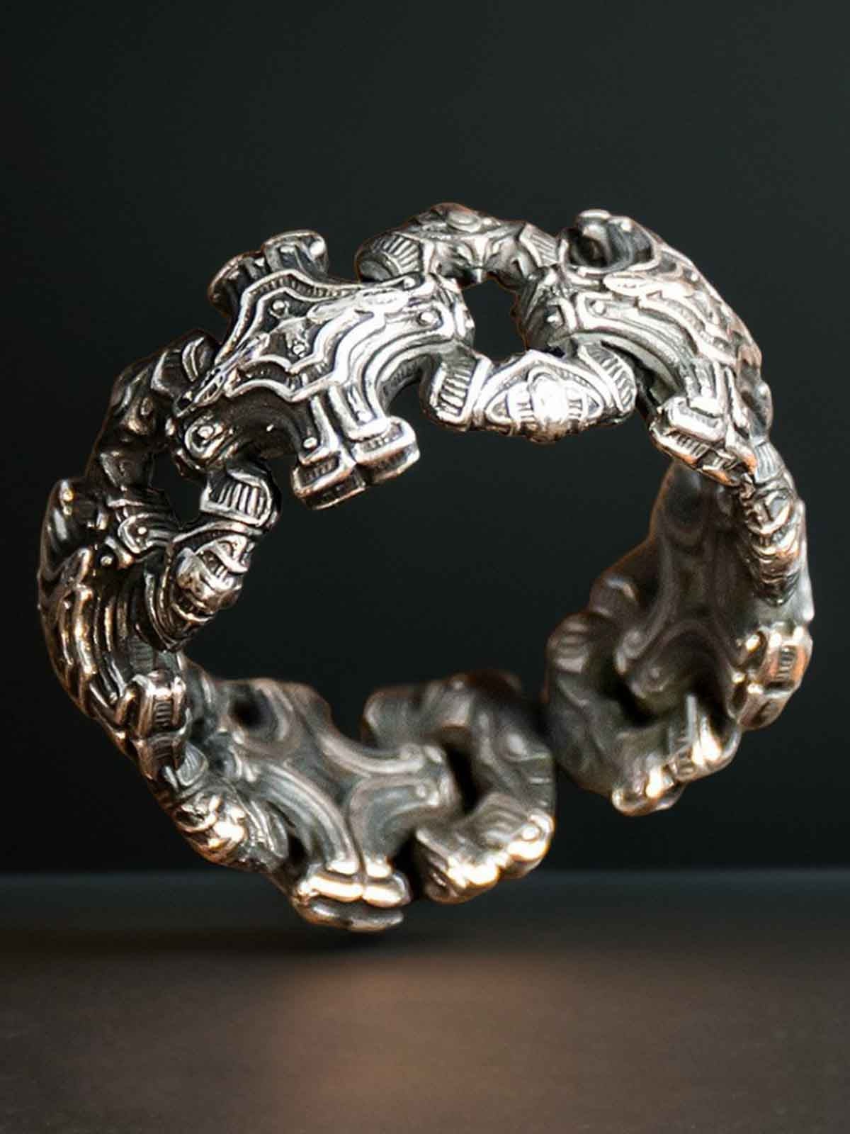 Sterling Silver Dragon Head Design Men's Bracelet - Vintage Style Jewelry with Intricate Carving and Mythical Beast Motif 