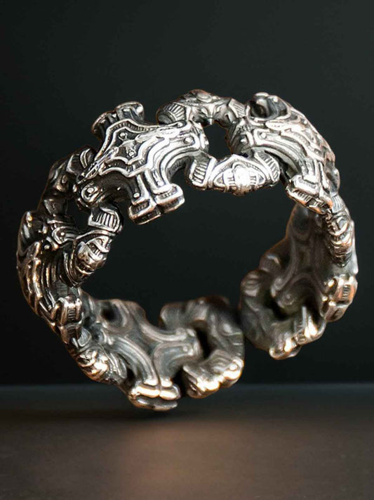 Sterling Silver Dragon Head Design Men's Bracelet - Vintage Style Jewelry with Intricate Carving and Mythical Beast Motif 