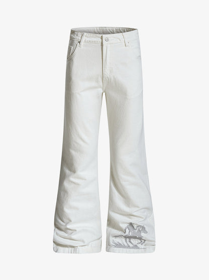 Embroidered Horse Wide Leg Denim Flare Jeans