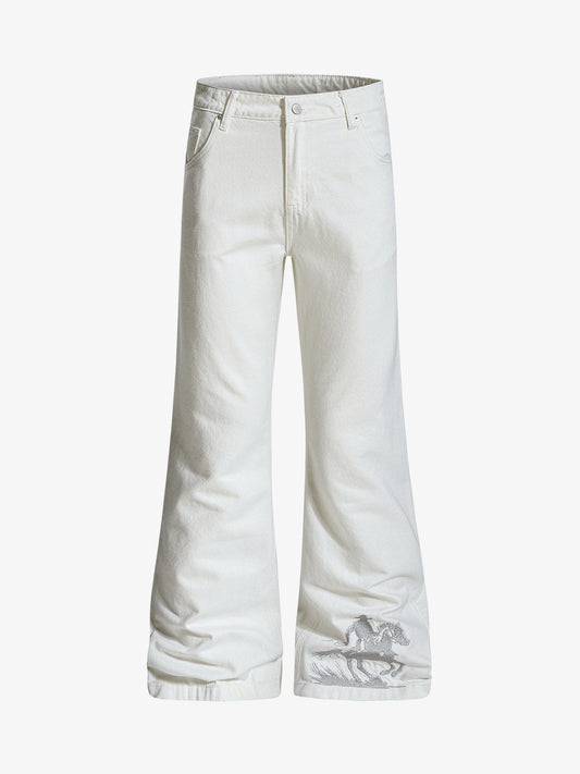 Embroidered Horse Wide Leg Denim Flare Jeans