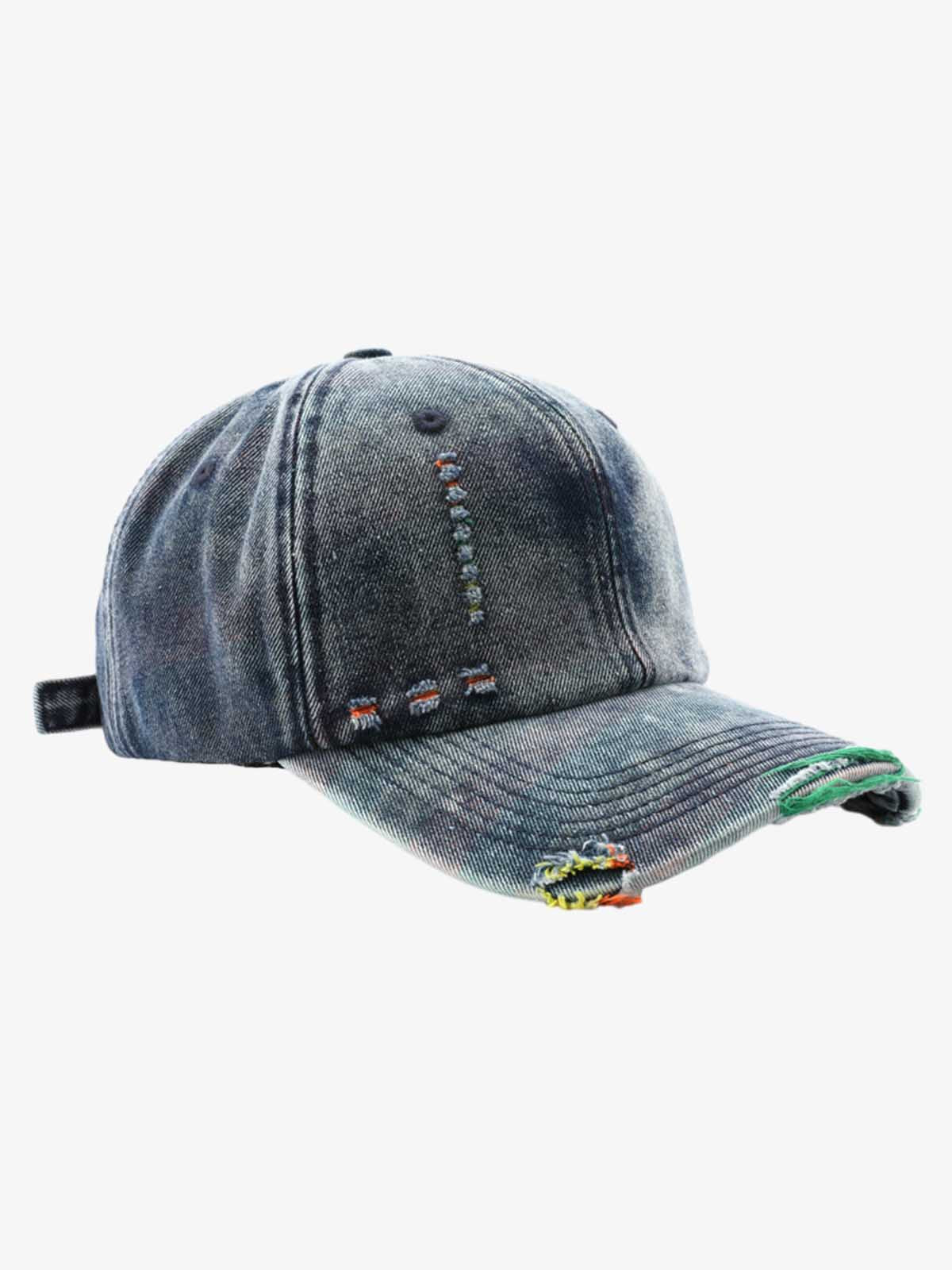 Denim Baseball Cap with Distressed Design and Colorful Stitching for Casual Wear?