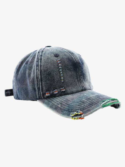 Denim Baseball Cap with Distressed Design and Colorful Stitching for Casual Wear?