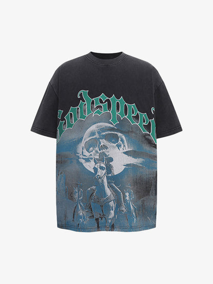 Old Washed Dark Western Cowboy Print T-shirt 