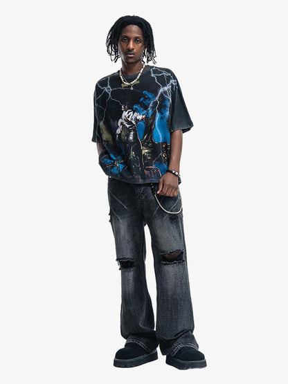 300G Jade Pattern Dyed Cotton T-Shirt with Lightning Graphic Print Oversized Streetwear Tee?