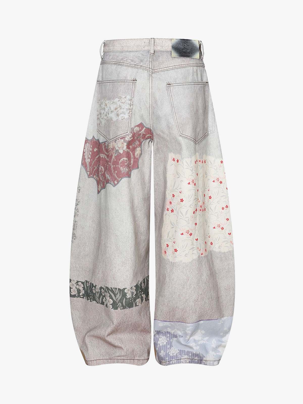 Cotton Patchwork Wide Leg Pants with Equestrian Print and Plaid Details?