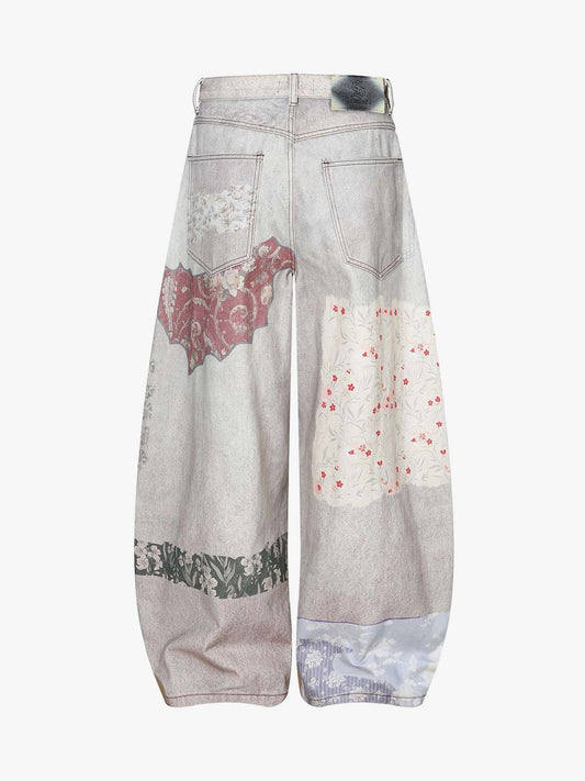 Cotton Patchwork Wide Leg Pants with Equestrian Print and Plaid Details?