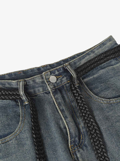 Braided Drawstring Waist Patchwork Cargo Jeans
