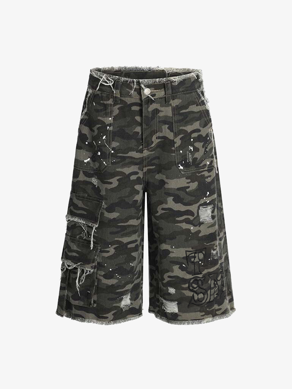 Distressed Camouflage Denim Cargo Shorts with Ripped Details and Embroidered Logo?