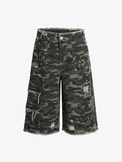 Distressed Camouflage Denim Cargo Shorts with Ripped Details and Embroidered Logo?