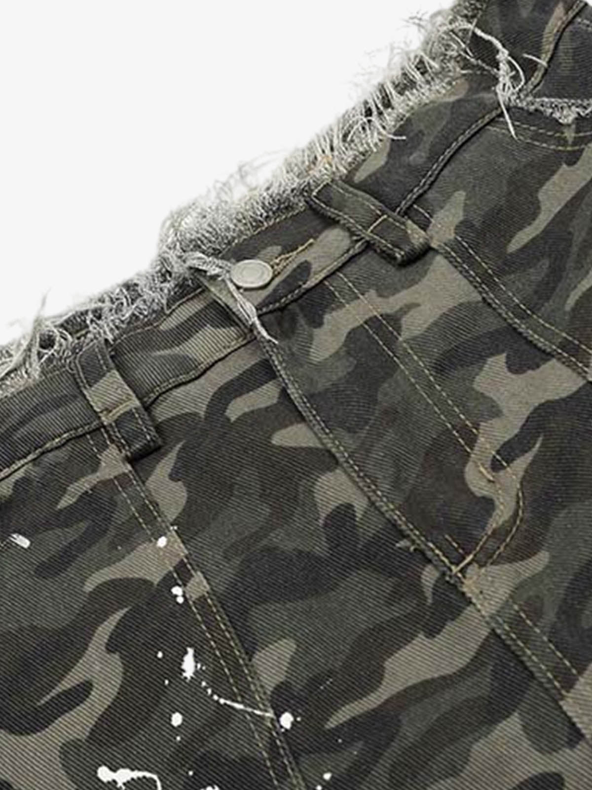 Denim Camouflage Cargo Shorts with Ripped Details and Patch Pockets?