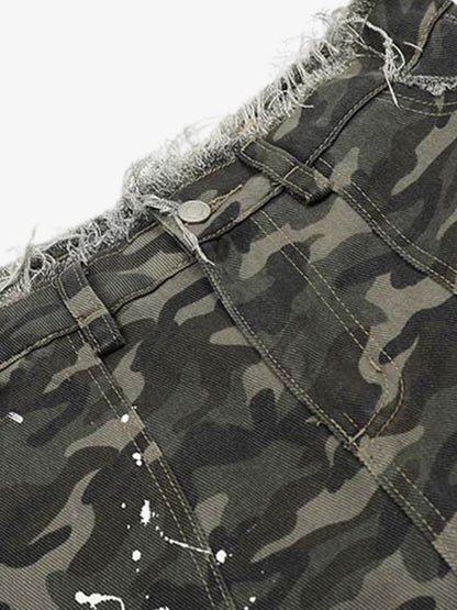 Denim Camouflage Cargo Shorts with Ripped Details and Patch Pockets?