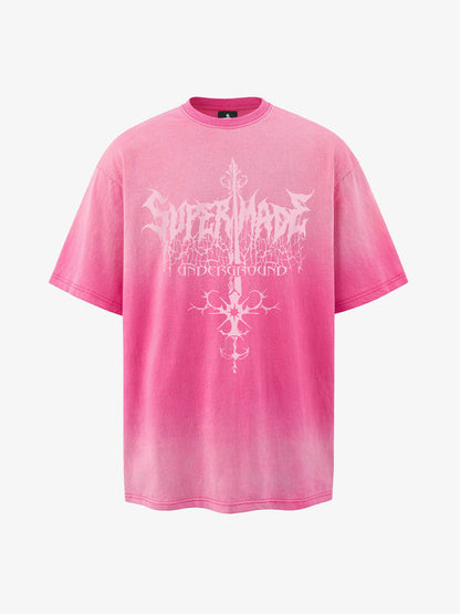 Thesupermade-Unisex Loose-fit Gradient Pink And Black Street Punk T-shirt With Gothic Pattern Print, Suitable For Street?