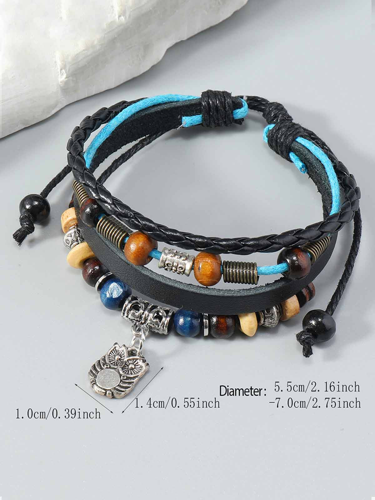 Leather and Beaded Wrap Bracelet with Silver Charm for Men and Women 