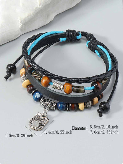Leather and Beaded Wrap Bracelet with Silver Charm for Men and Women 