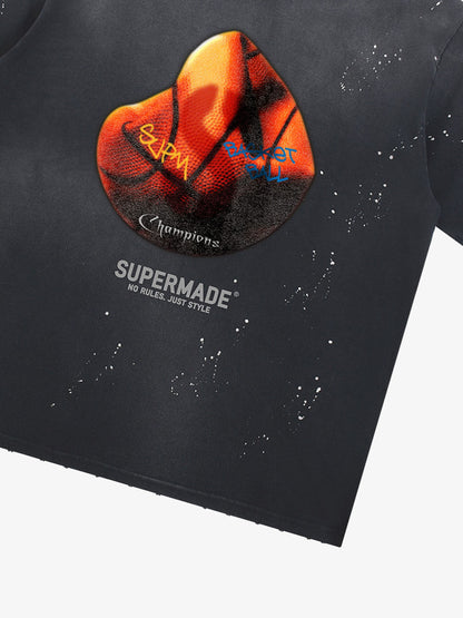 thesupermade-Cotton Basketball Print T-Shirt with Graffiti Design and Splatter Effect for Streetwear Fashion 