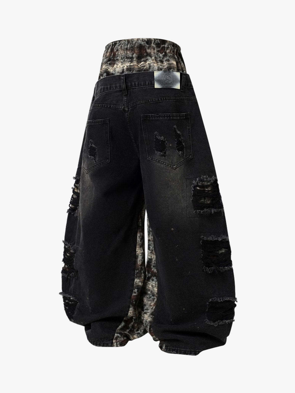 Denim Patchwork Wide Leg Pants with Drawstring Waist and Distressed Details 