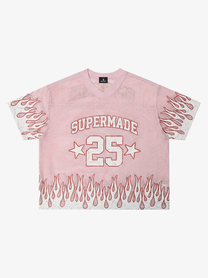 Mesh Flame Print Jersey T-Shirt with Supermade 25 Design 