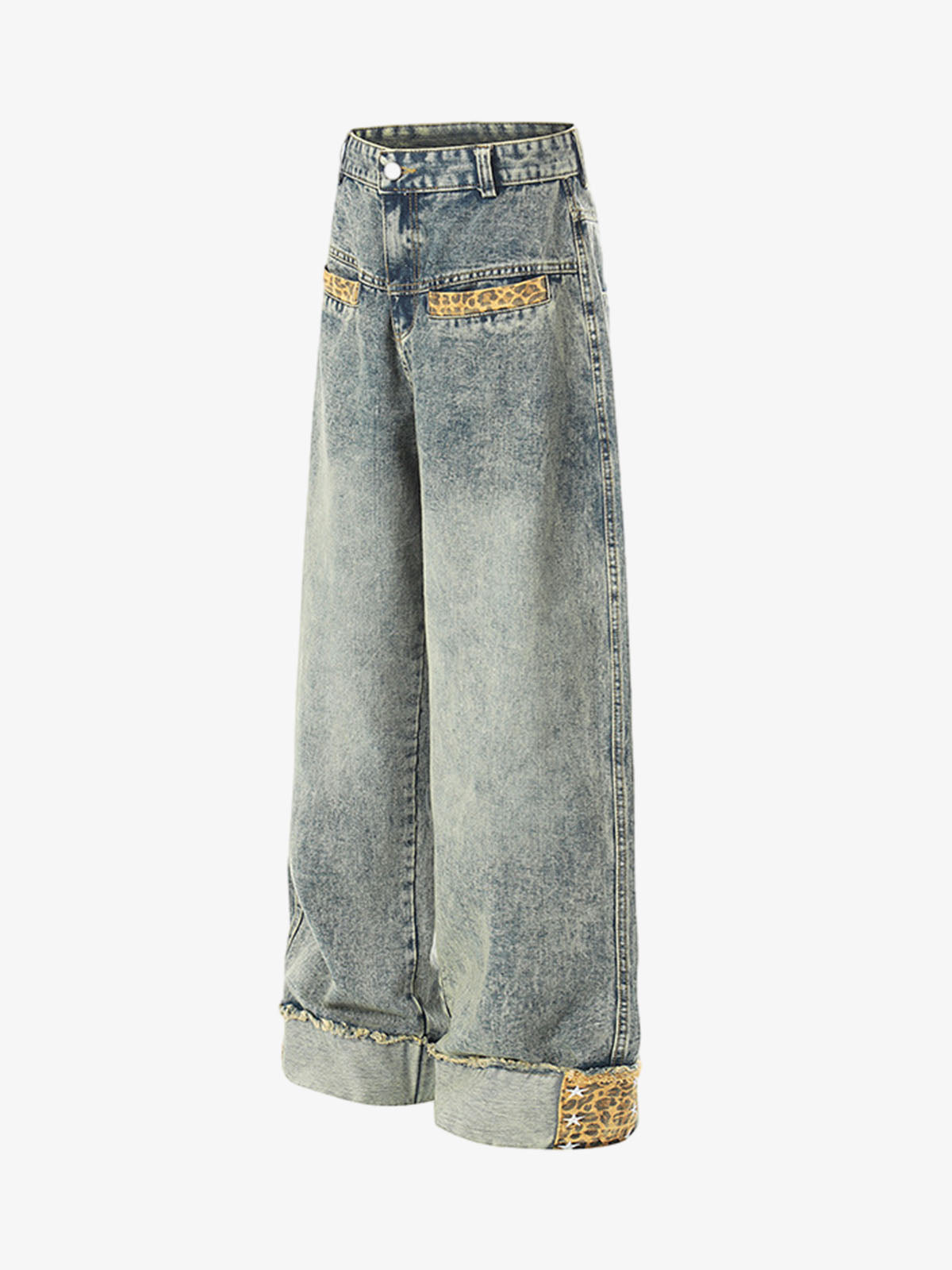 Cotton Denim Wide Leg Jeans with Leopard Print Trim High-Waisted Relaxed Fit Pants for Men and Women 