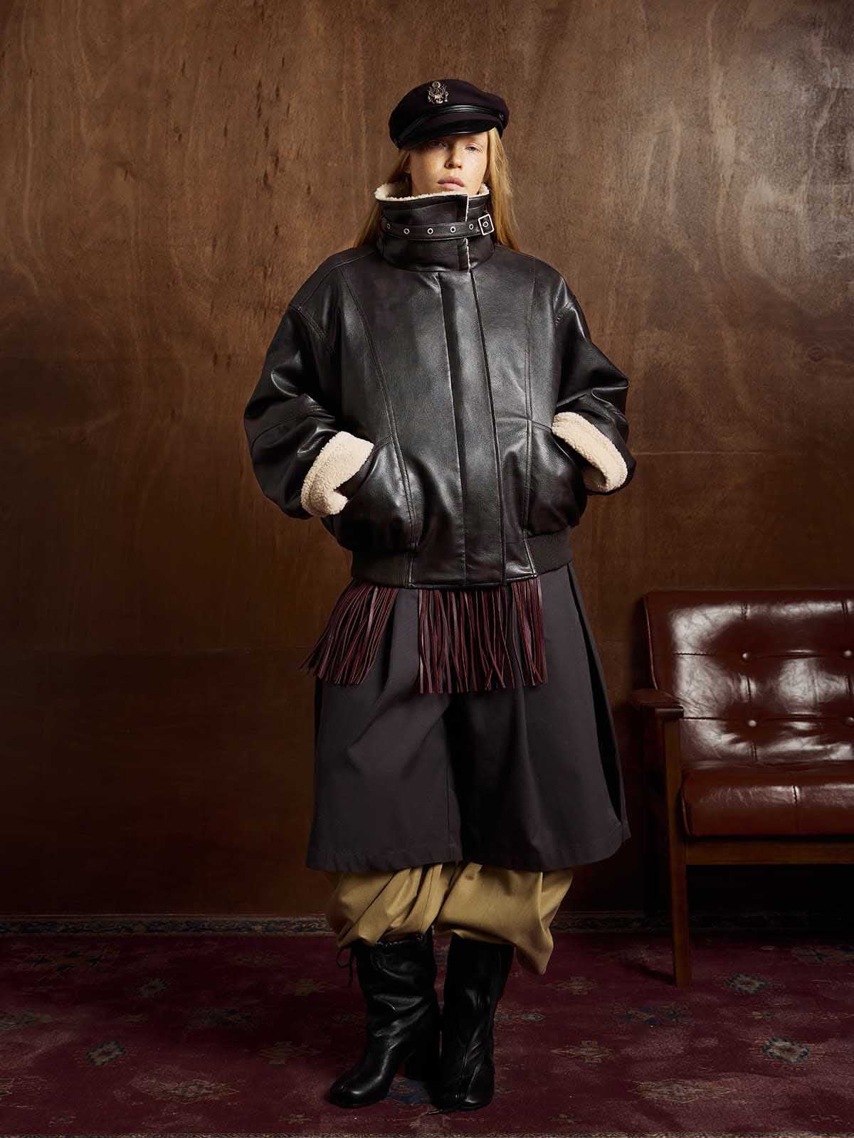 Vintage Shearling Collar Quilted Leather Jacket