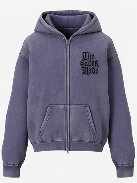 Thesupermade Washed Batik Distressed Double Zipper Cardigan Hooded Sweatshirt Sketch Skull Clock 