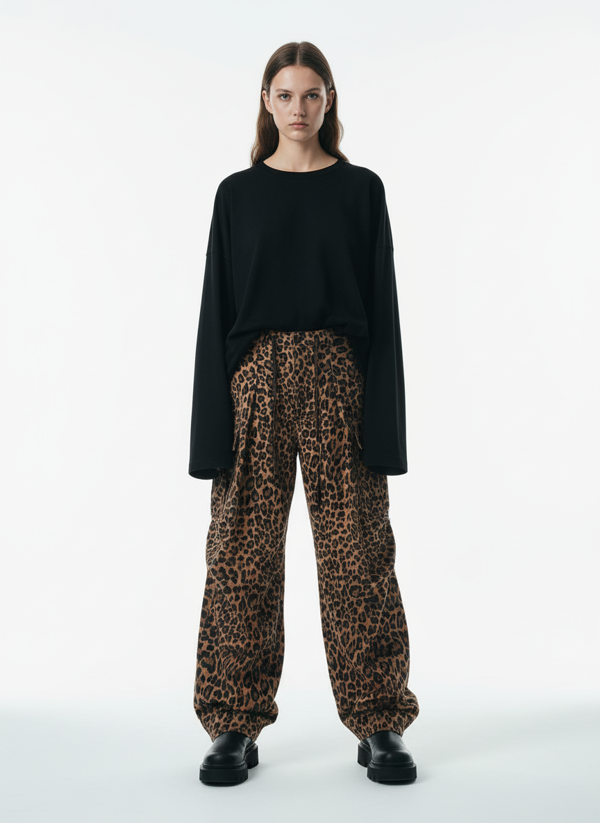 Retro Leopard Print Pleated Pocket Casual Pants