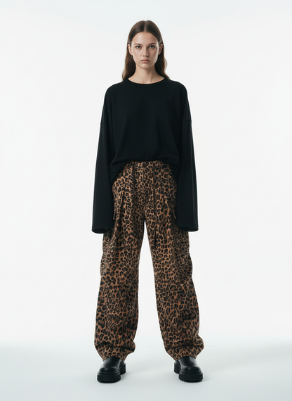 Retro Leopard Print Pleated Pocket Casual Pants